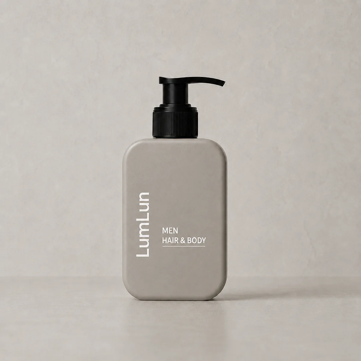 Single taupe Lumlun square pump bottle with a black dispenser on a neutral gray background.
