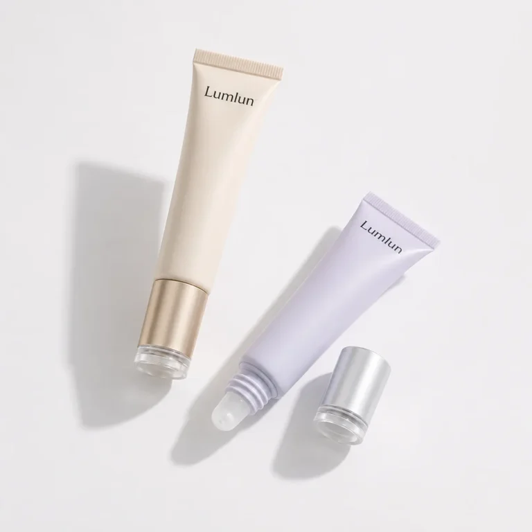 Two LumLun 19mm PE lip balm squeeze tubes displayed in a minimal studio setup with soft pastel tones.