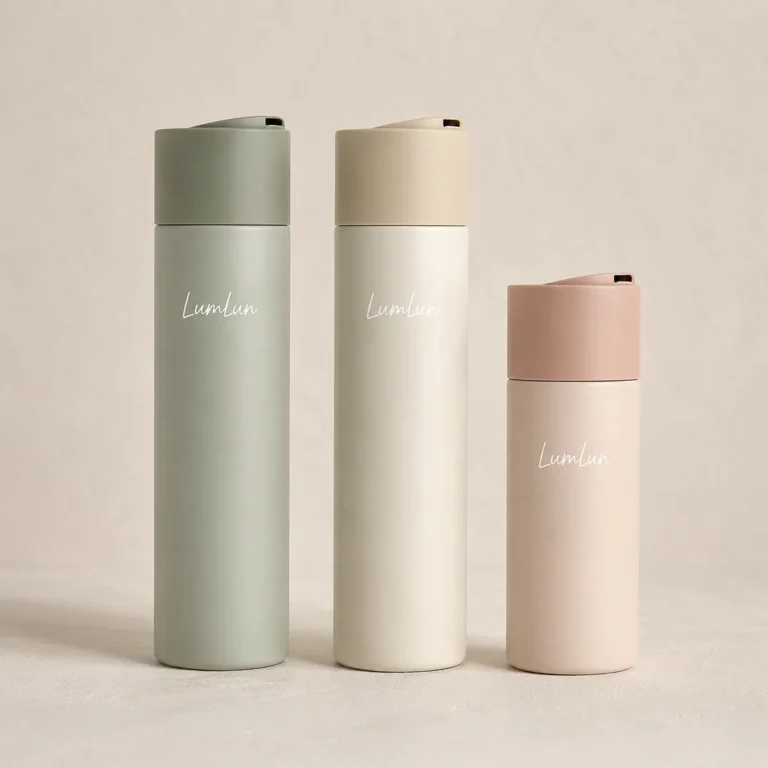 Three Lumlun disc top lotion bottles in sage, cream, and pink with slim cylindrical bodies.