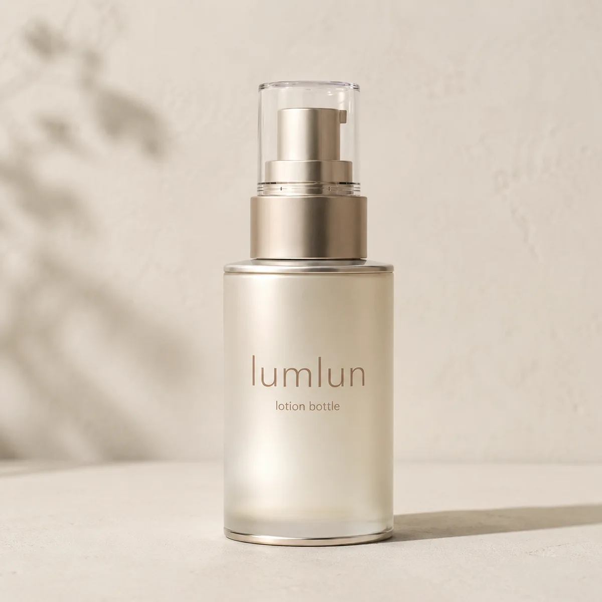 Single beige Lumlun lotion bottle with a clear cap and metallic pump on a warm studio background.