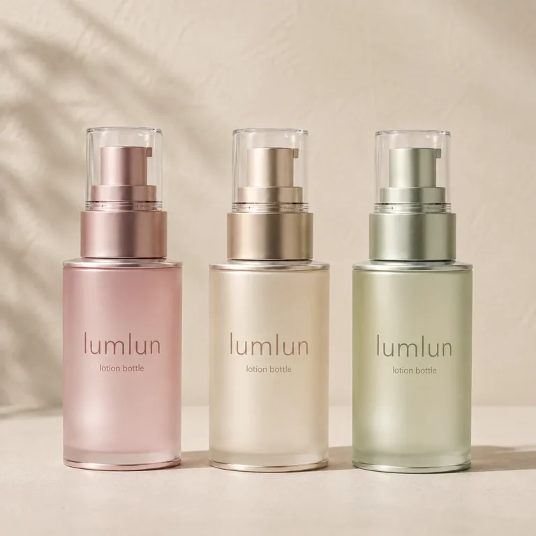 Three Lumlun lotion bottles in pink, beige, and green with clear caps and matching pumps.