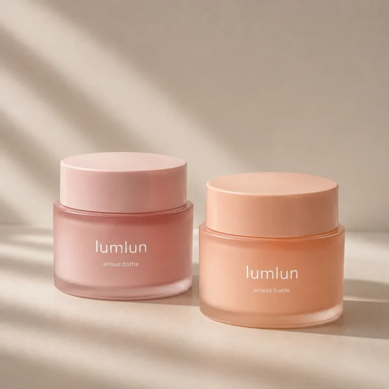 Two Lumlun 20ml glass cream jars in pink and peach with rounded screw caps.