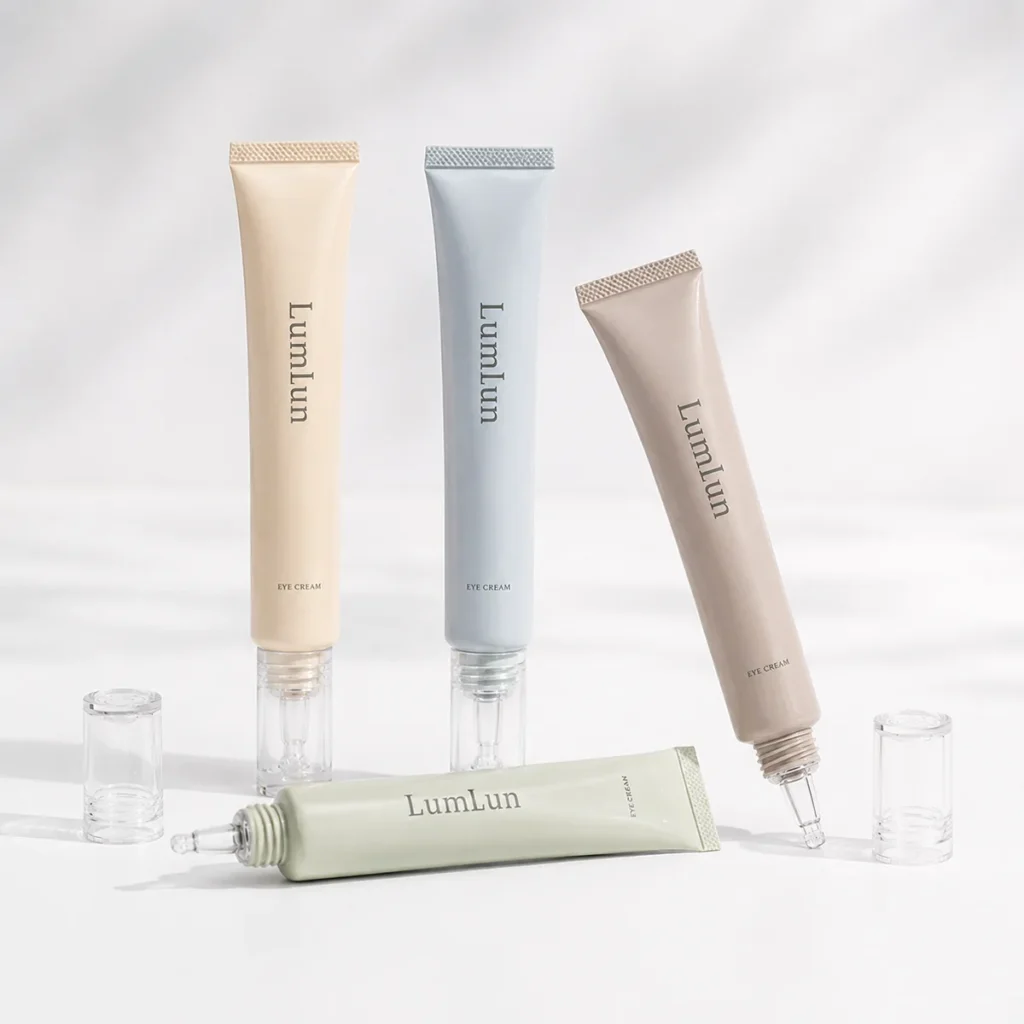 Four Lumlun eye cream squeeze tubes in cream, blue, taupe and sage with clear precision nozzles.