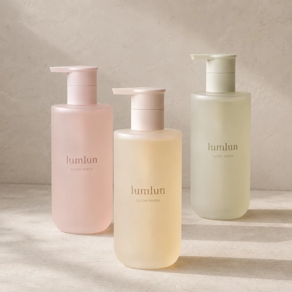 Three Lumlun frosted lotion pump bottles in pink, yellow, and pale green on a stone background.