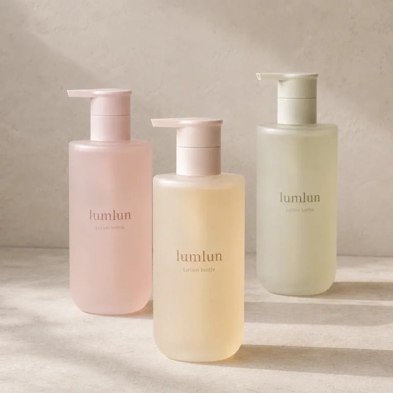 Three Lumlun frosted lotion pump bottles in pink, yellow, and pale green on a stone background.
