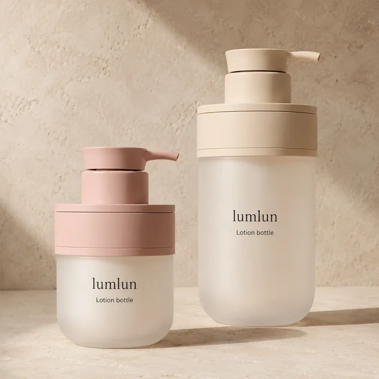 Pink and cream Lumlun pump bottles displayed together with frosted bodies and matching dispensers.