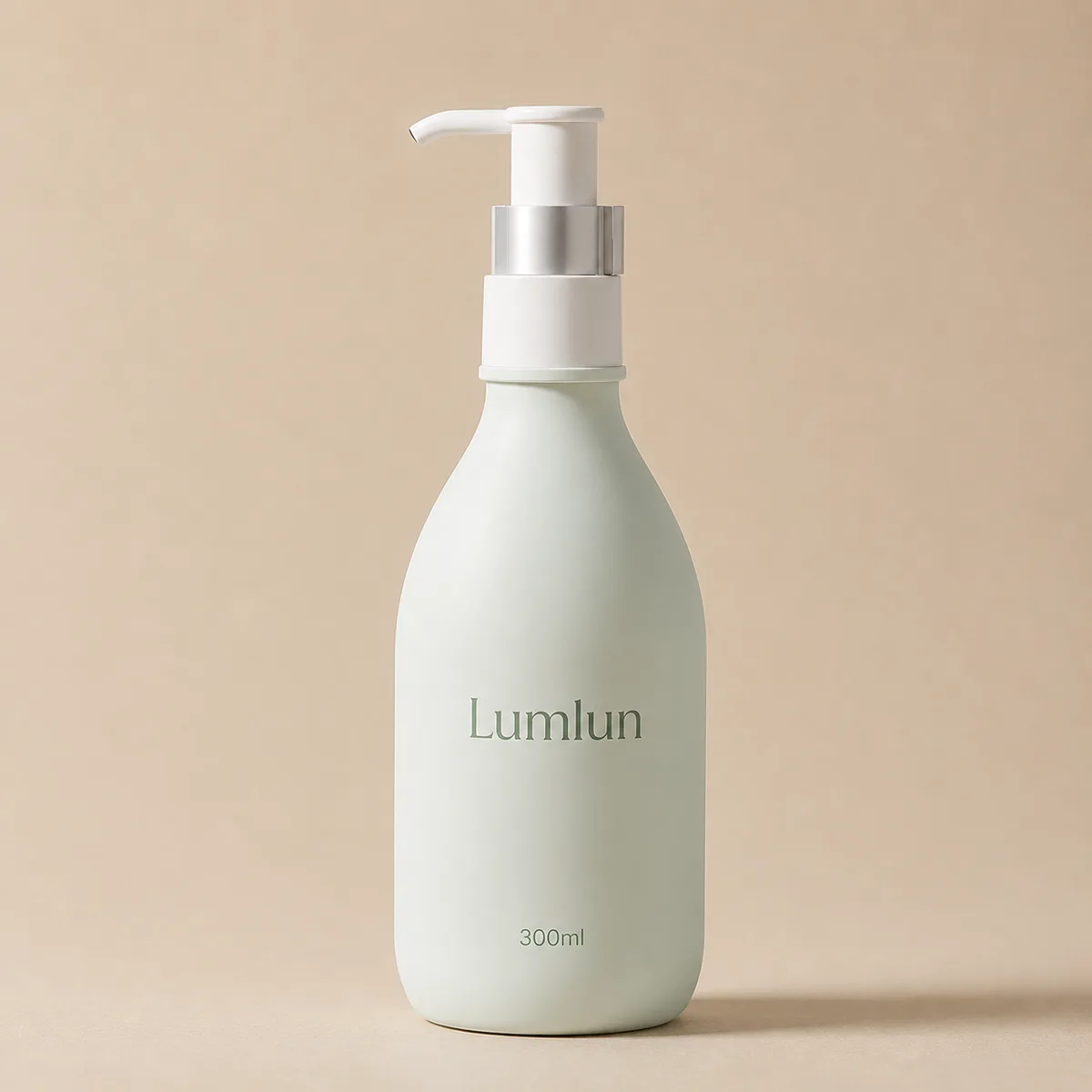 LumLun 300ml lotion pump bottle with soft green rounded body, white dispenser, and silver collar detail.