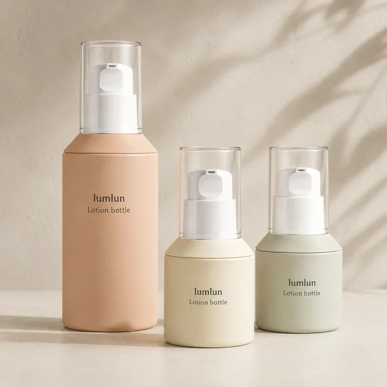Three Lumlun lotion bottles in peach, cream, and sage with white pumps and clear caps.