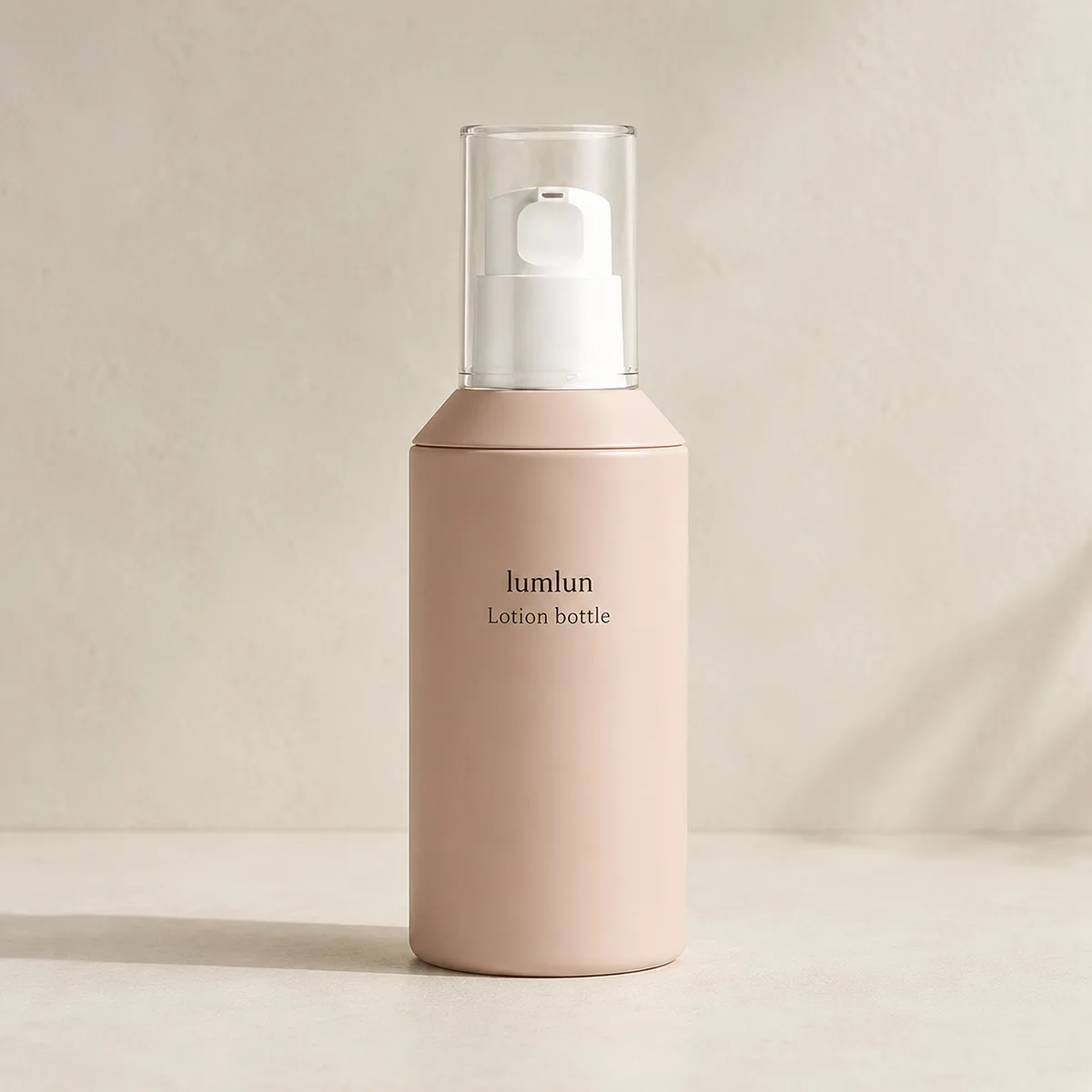 Single pink Lumlun lotion bottle with a white pump and clear cap on a warm background.