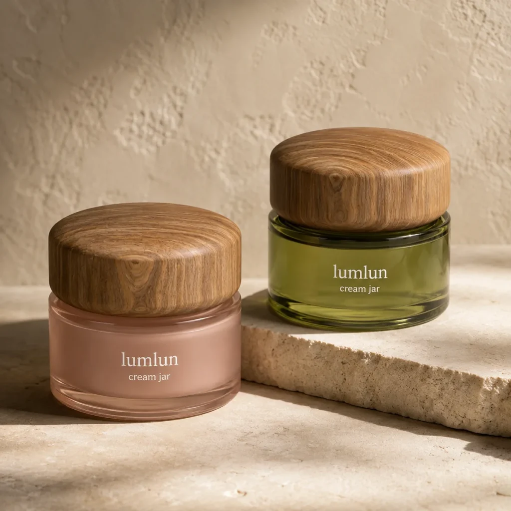 Two Lumlun glass cream jars with natural wood lids and pink and green tinted bodies.