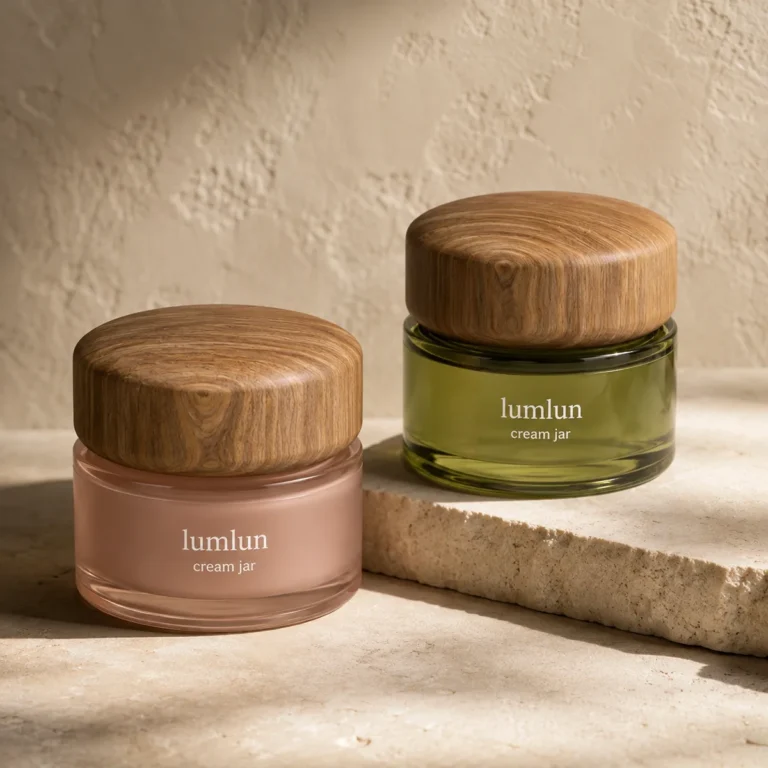 Two Lumlun glass cream jars with natural wood lids and pink and green tinted bodies.