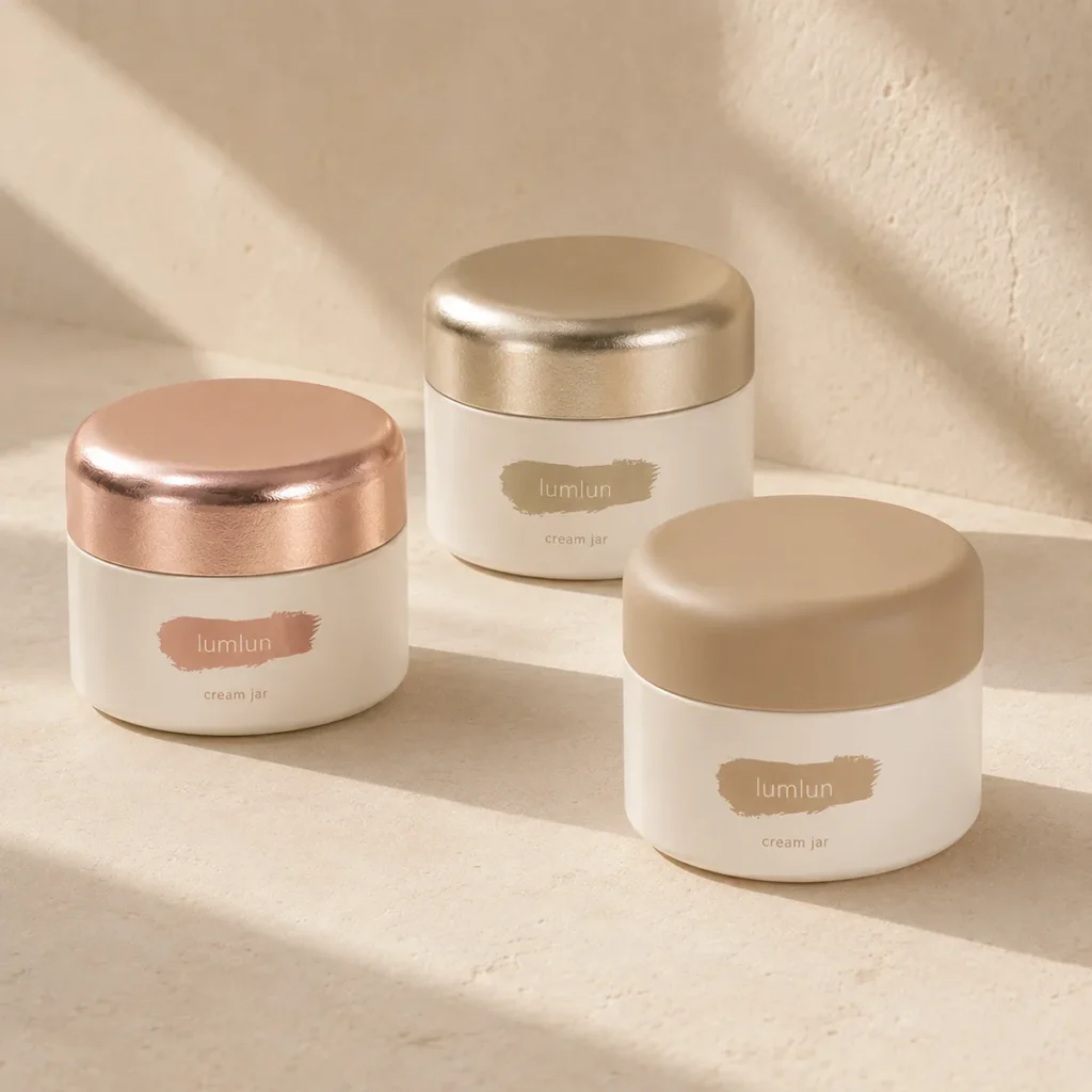 Three Lumlun glass cream jars with rose gold, champagne gold, and matte beige lids.