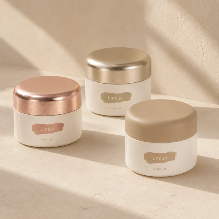 Three Lumlun glass cream jars with rose gold, champagne gold, and matte beige lids.