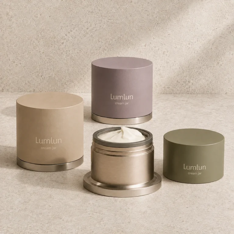 Four Lumlun cream jars in muted colors arranged around an open metallic jar with cream.