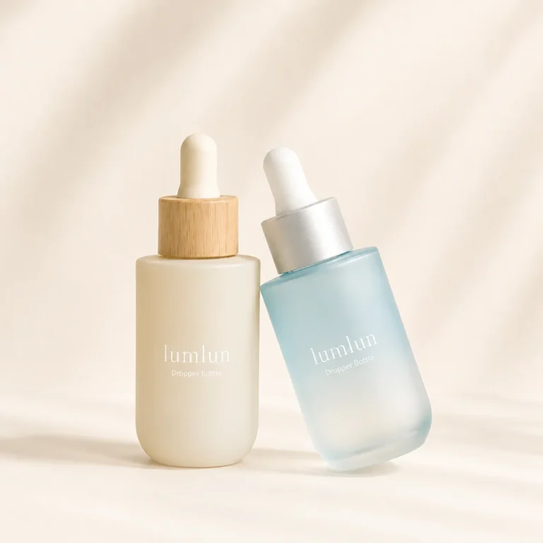 Two LumLun glass dropper bottles leaning together with wood and silver caps in soft lighting.