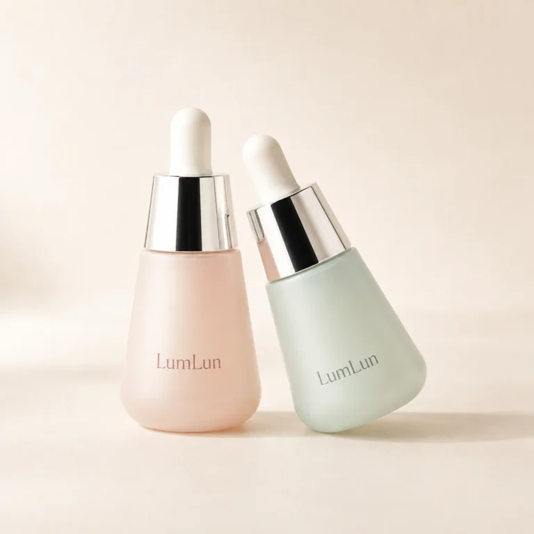 Two Lumlun 30ml tapered glass dropper bottles in peach and green, one upright and one leaning beside it.