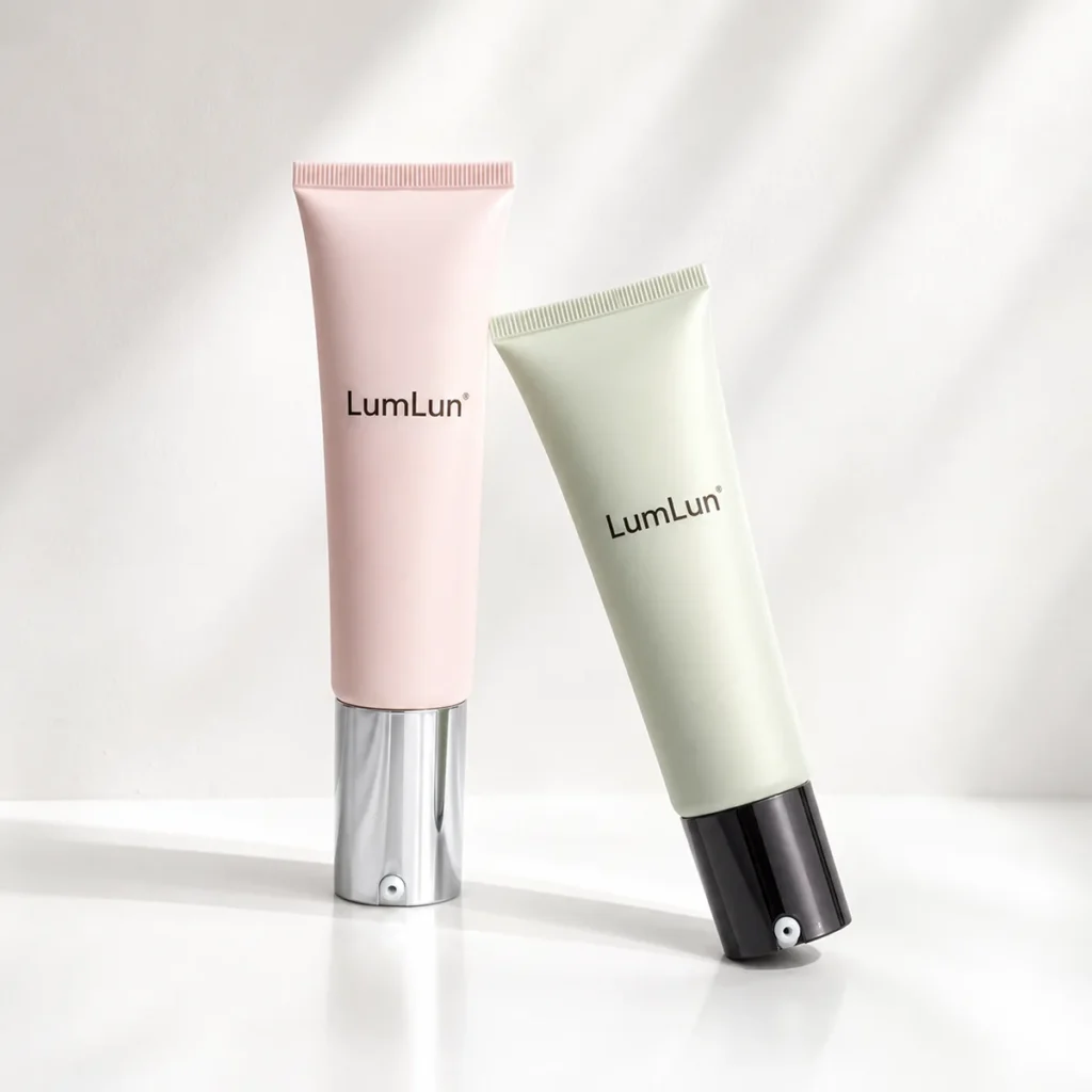 Two LumLun airless squeeze tubes in pink and green shown in angled standing pose on clean white background.
