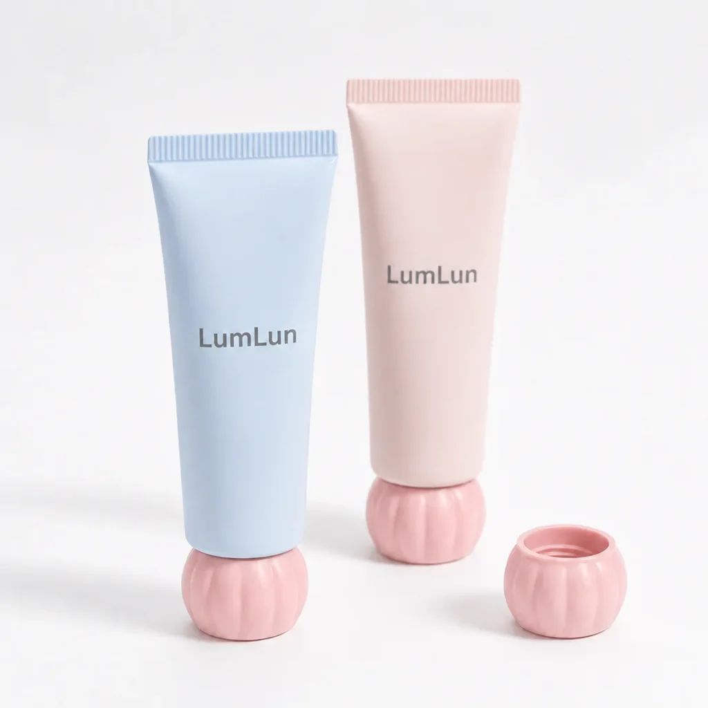 Two LumLun cosmetic squeeze tubes in blue and pink with one dome cap opened and placed beside the tubes.
