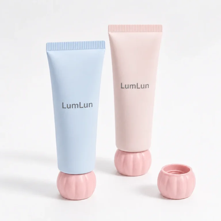 Two LumLun cosmetic squeeze tubes in blue and pink with one dome cap opened and placed beside the tubes.