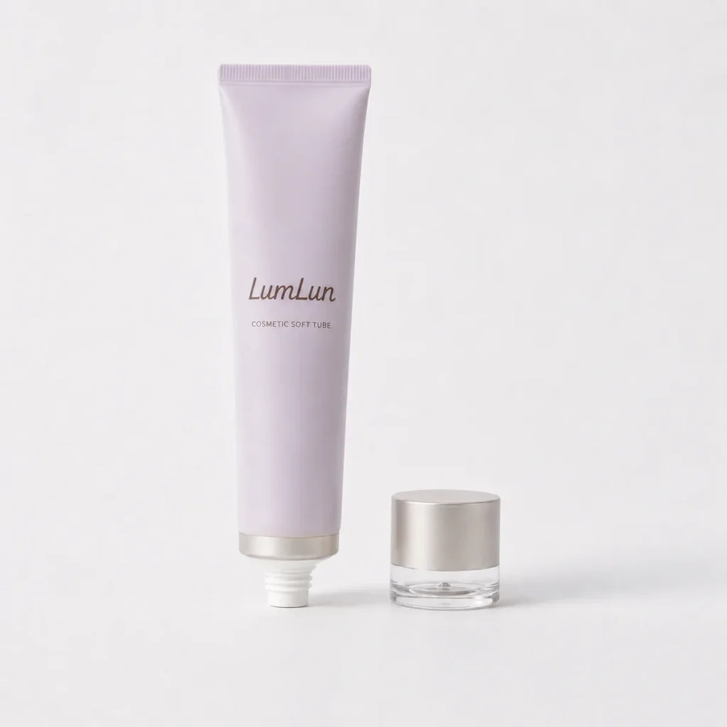 A single lavender Lumlun cosmetic soft tube with exposed nozzle and teardrop cap placed beside it.