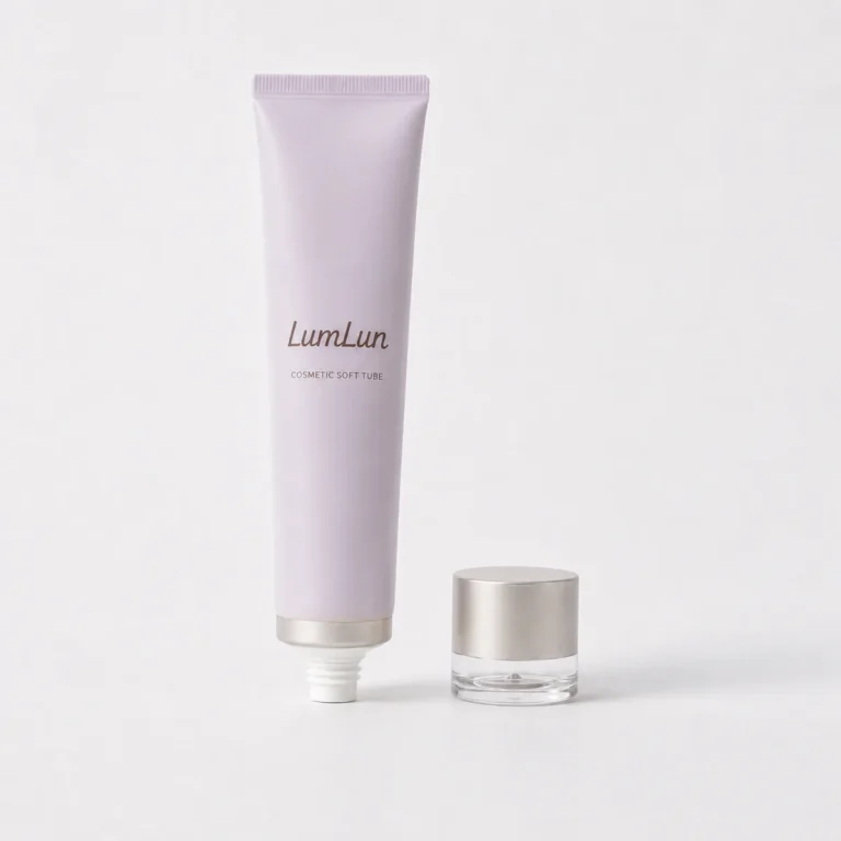 A single lavender Lumlun cosmetic soft tube with exposed nozzle and teardrop cap placed beside it.