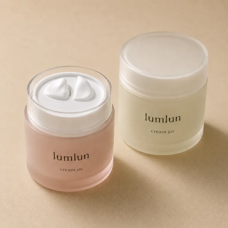 Lumlun 45g PP grinding cream jar in pink with an open top and visible white balm ribbons.