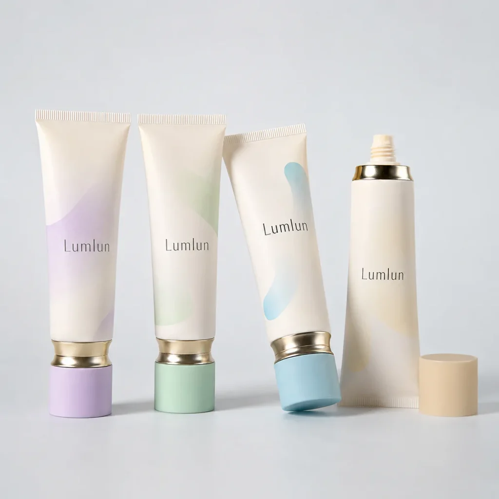 Four Lumlun cosmetic tubes with screw caps, pastel abstract printing, and one open tube with the cap placed beside it.