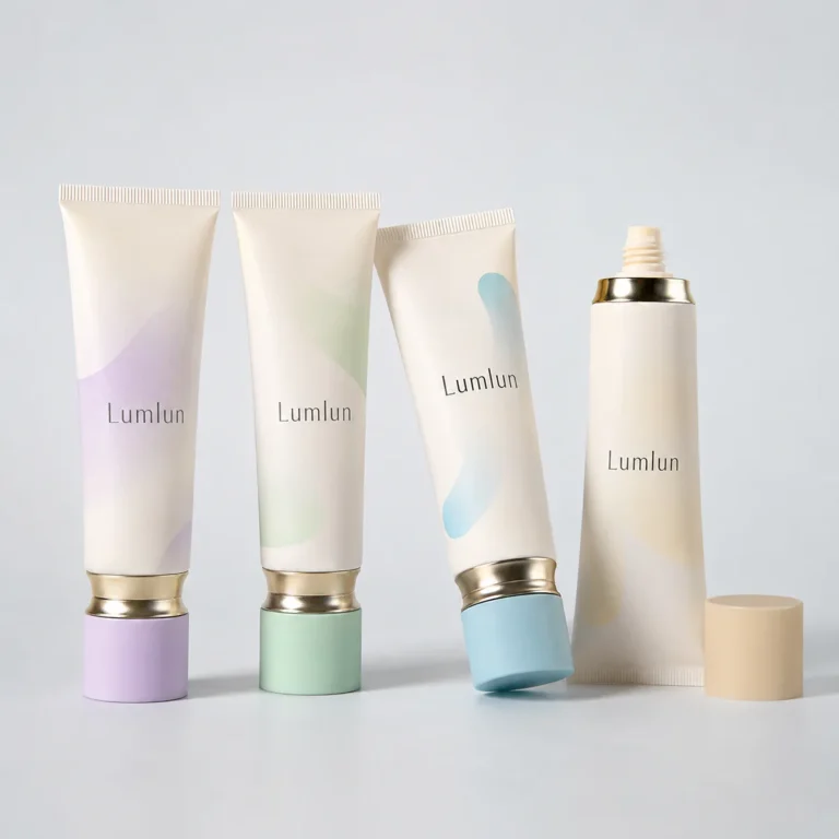 Four Lumlun cosmetic tubes with screw caps, pastel abstract printing, and one open tube with the cap placed beside it.