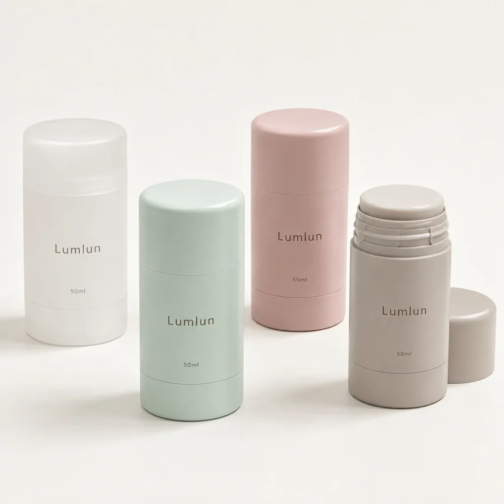 Four 50ml round PP deodorant stick containers in white, mint, pink and taupe, with one stick open