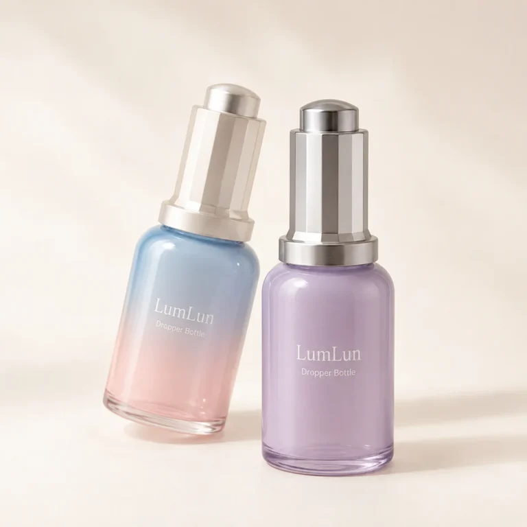 Two pastel dropper bottles leaning together showing metallic cap variations in studio light.