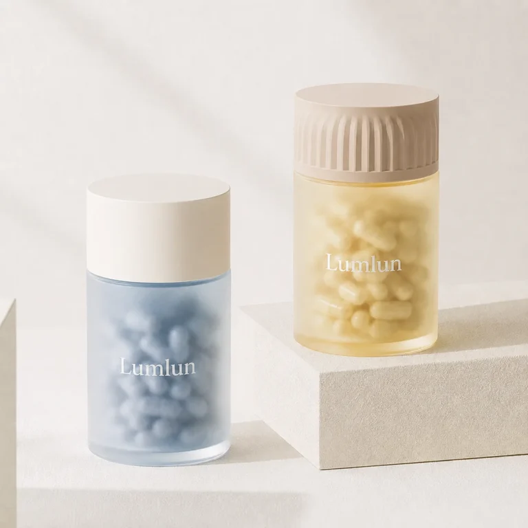 Two 50ml frosted PMMA supplement bottles for capsules in blue and yellow