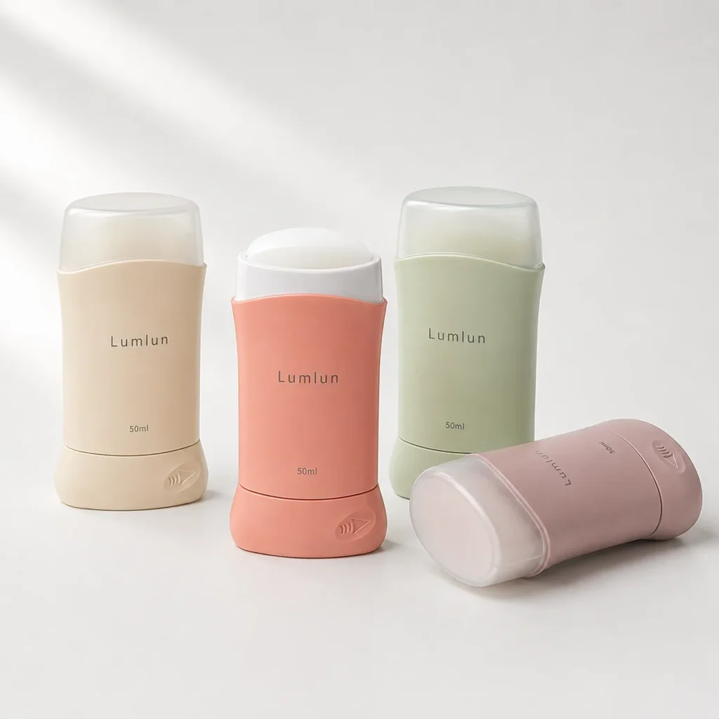Four 50ml contoured PP deodorant stick containers in beige, coral, green and mauve, with one container lying down