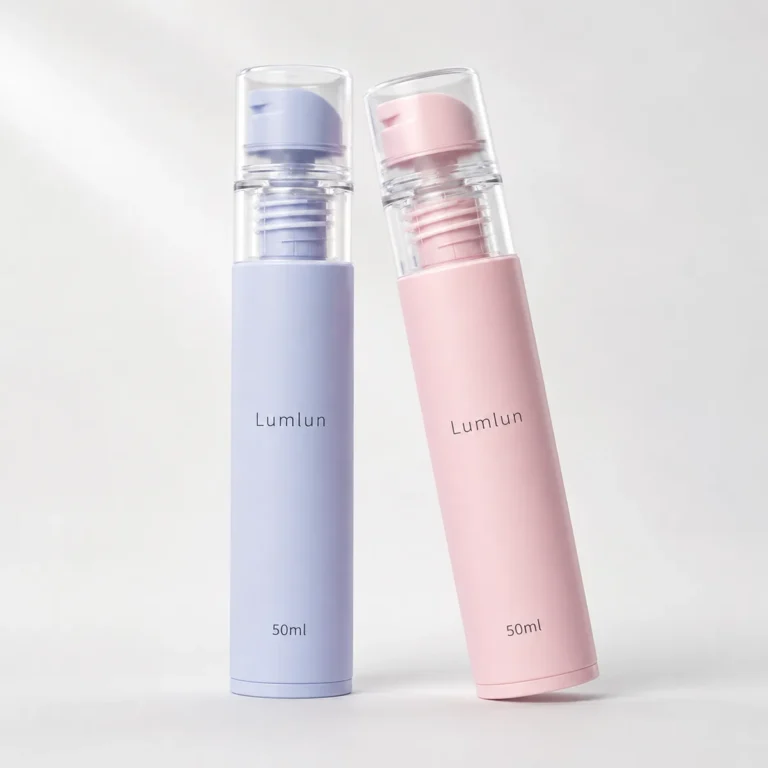 Blue and pink 50ml slim PP airless toothpaste pump bottles with clear caps and angled pump heads