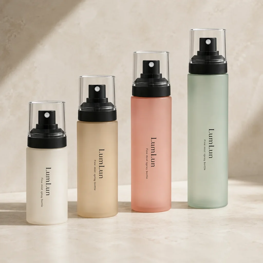 Four Lumlun fine mist spray bottles in white, amber, coral, and green with black pumps.