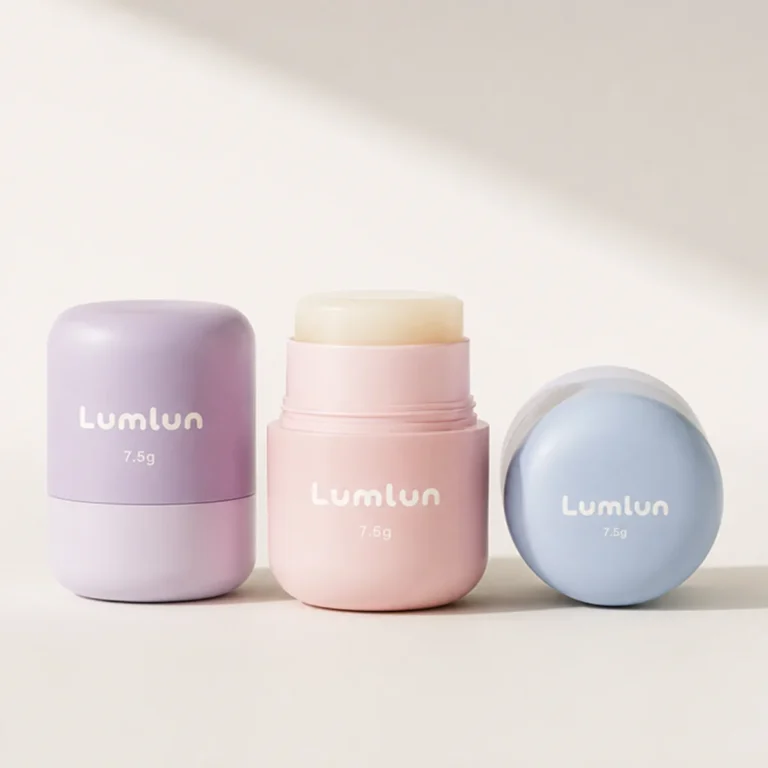 7.5g PS mini deodorant stick containers in purple, pink and blue, shown open and closed