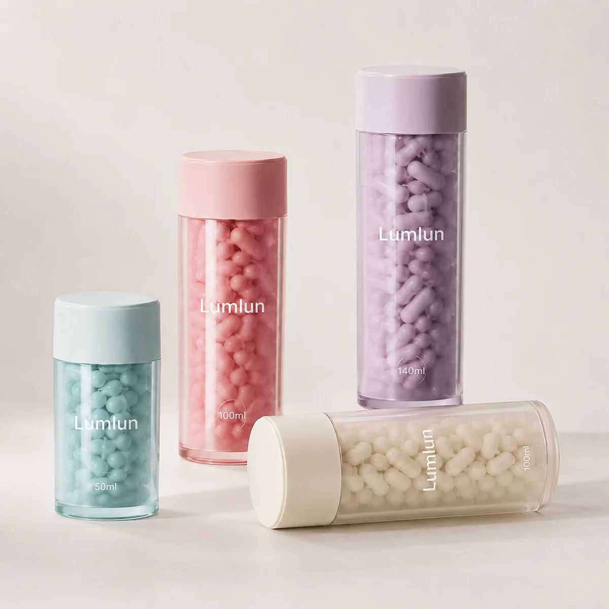 ABS and AS supplement bottle family in 50ml, 100ml and 140ml, shown upright and horizontal