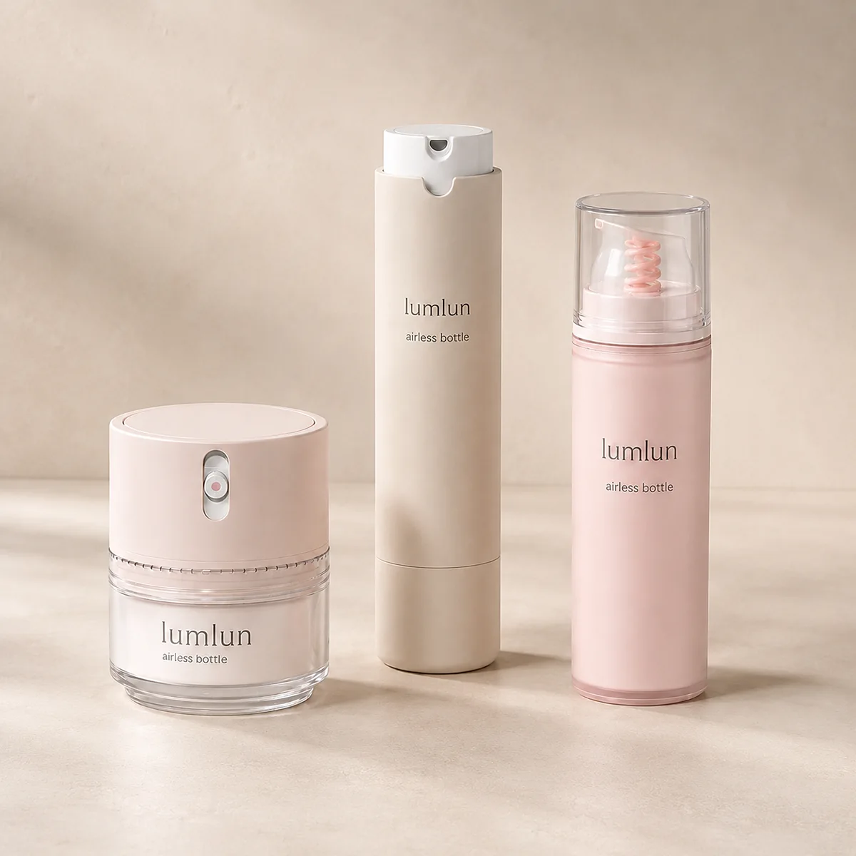LumLun custom airless bottles and airless jars in coordinated skincare packaging finishes