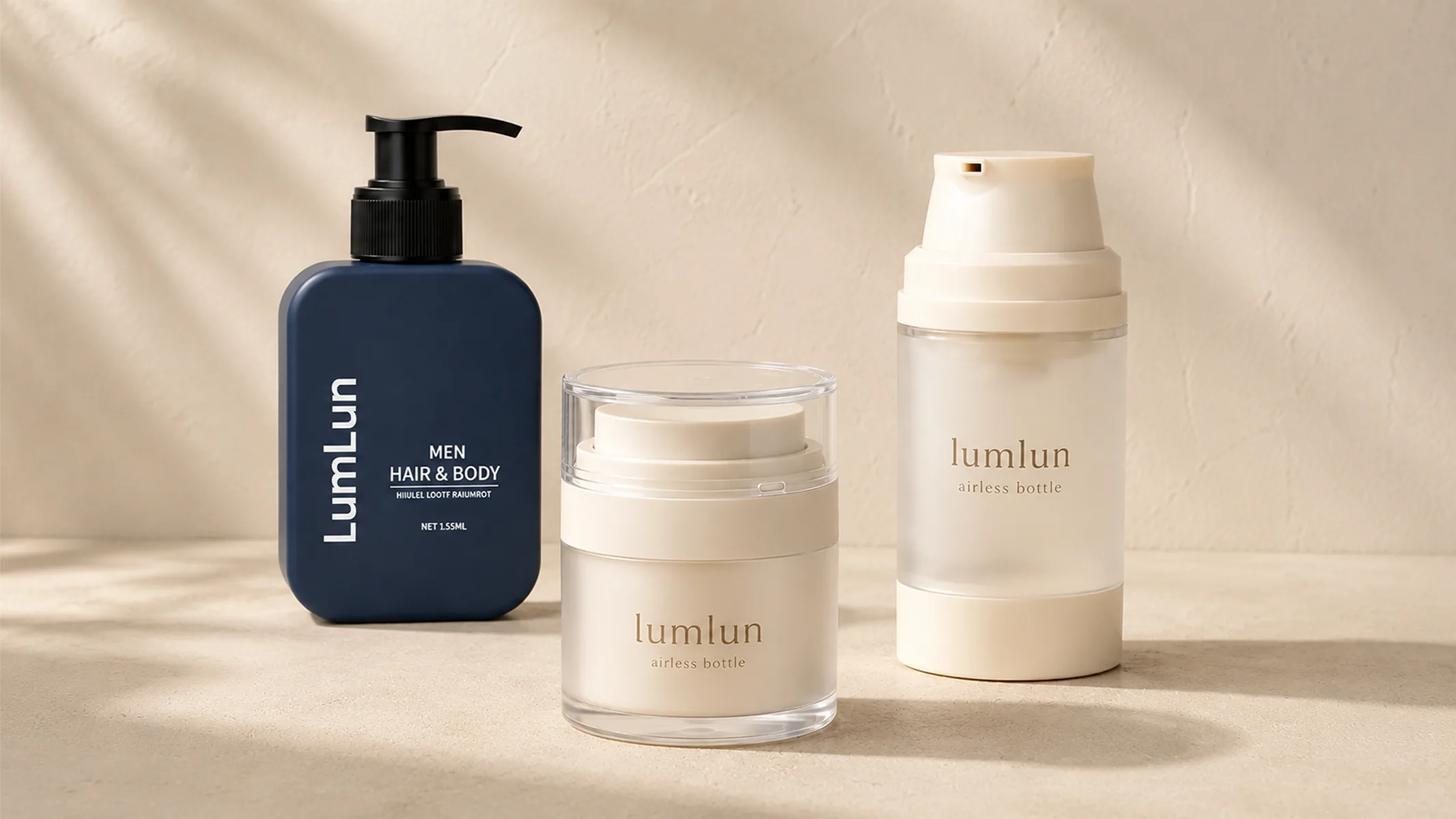 LumLun pump packaging samples with pump bottle, airless cream pump jar, and airless bottle for pump output testing