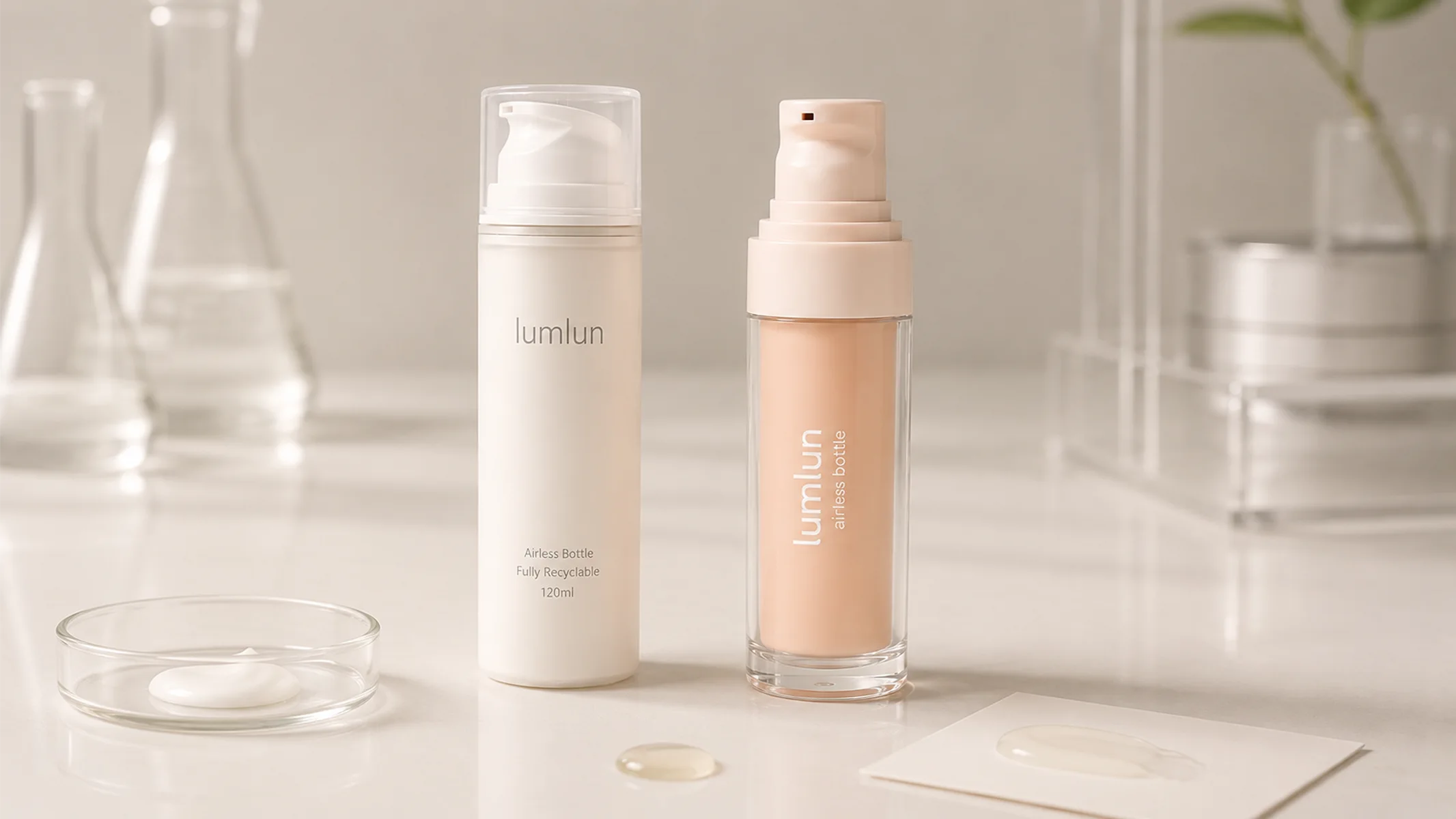 LumLun airless skincare packaging with serum, lotion, and cream samples in a clean formula testing scene