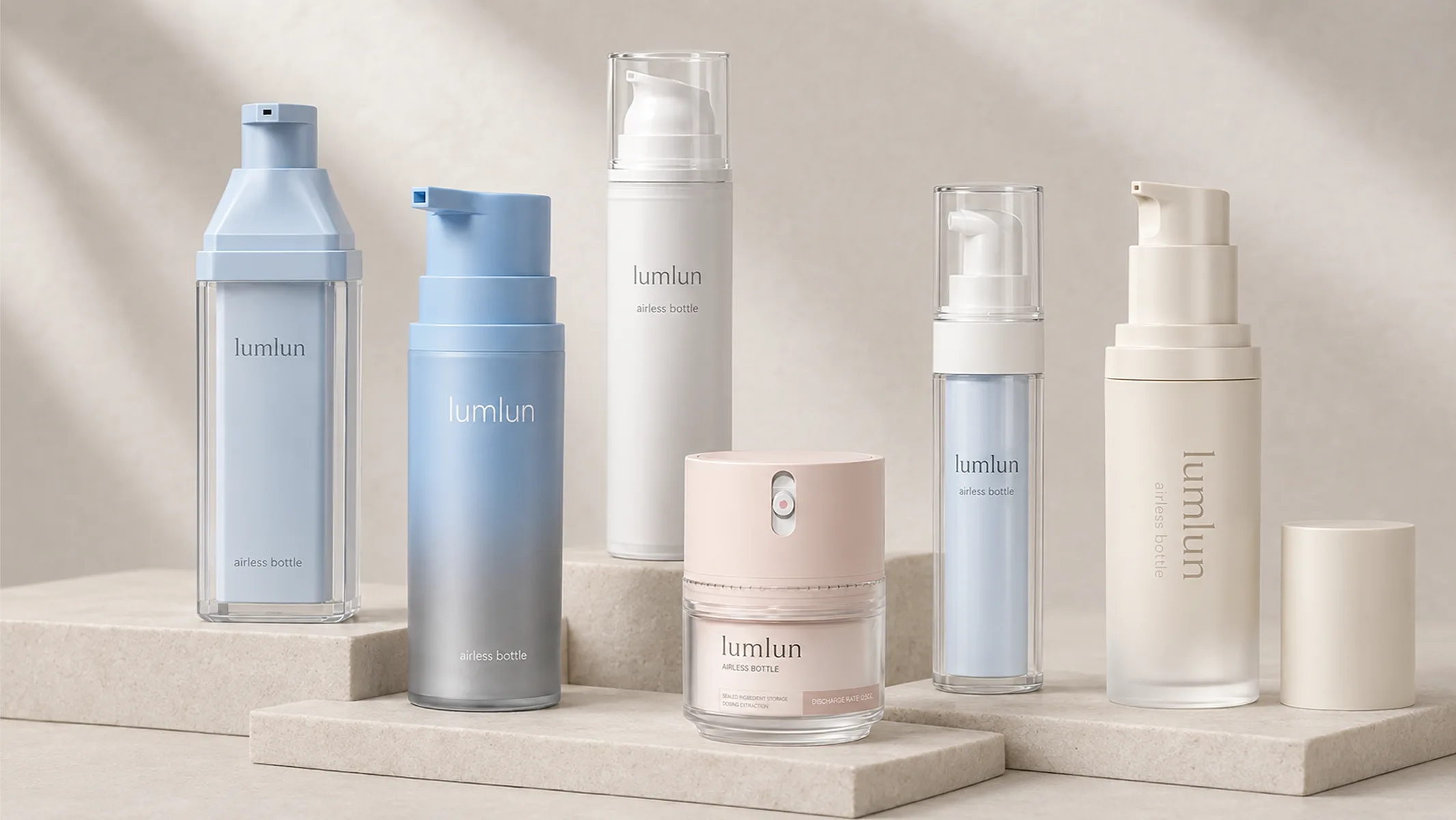 LumLun airless packaging for skincare brand line with pump bottles and airless cream pump jar