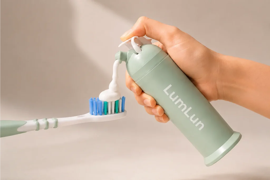 LumLun airless toothpaste pump bottle dispensing toothpaste onto a toothbrush for clean daily oral care