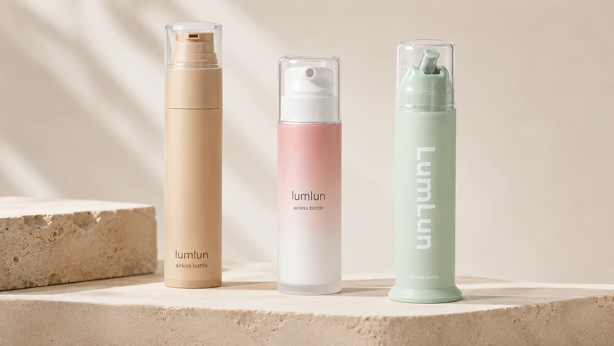 LumLun airless toothpaste pump bottles in beige pink and green for premium oral care packaging
