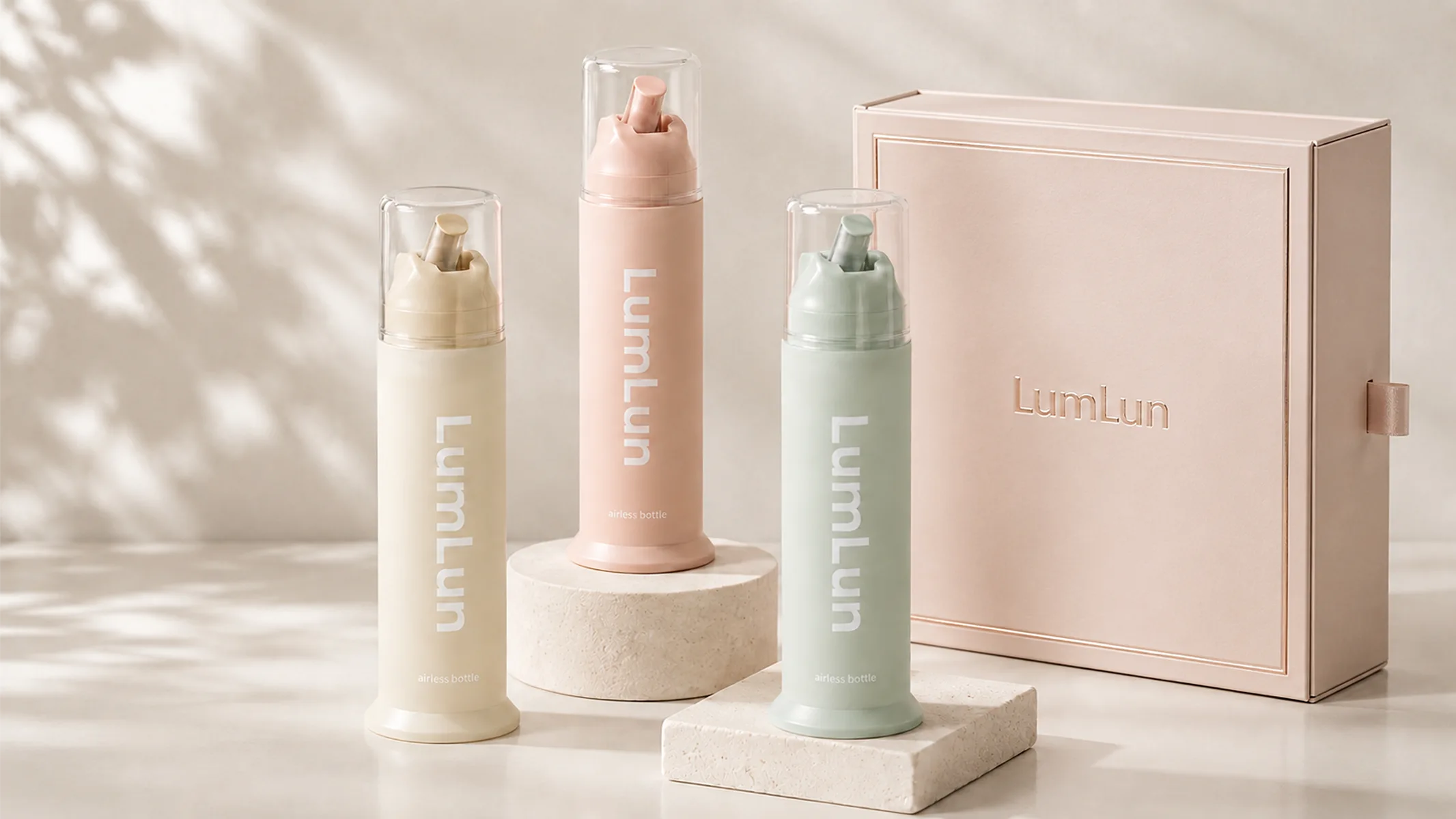 LumLun airless toothpaste pump bottles displayed with a premium gift box for oral care packaging