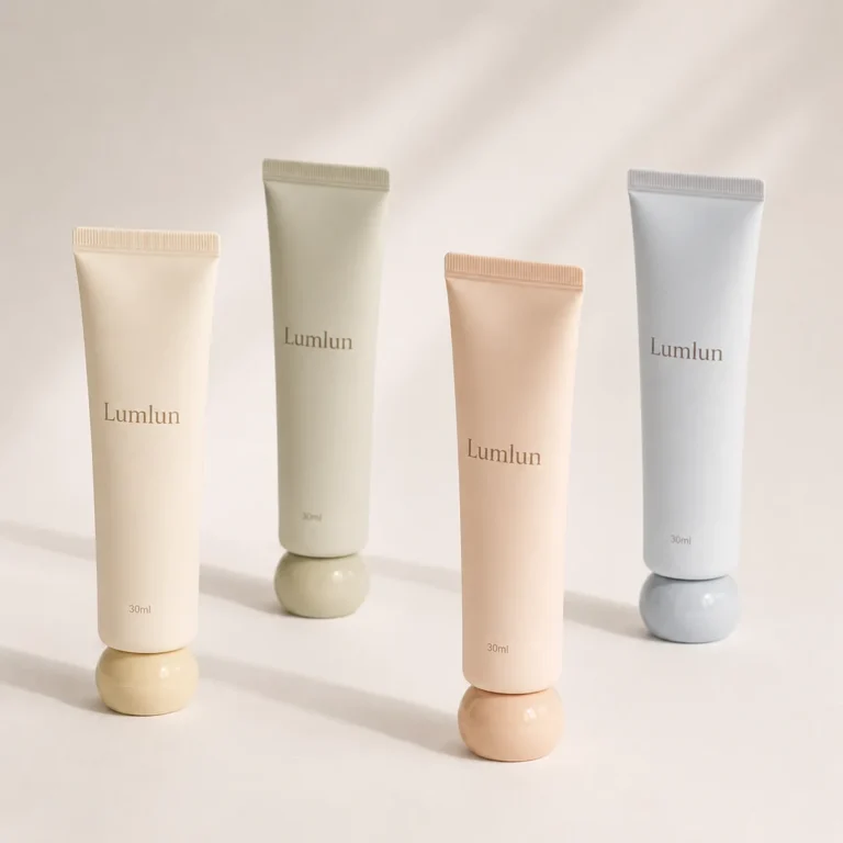Four 30ml Lumlun ball cap hand cream tubes in cream, sage, peach and blue pastel colors.