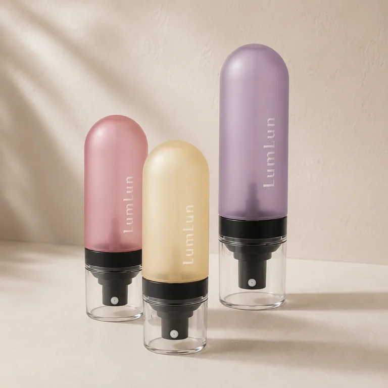Three Lumlun capsule fine mist spray bottles in pink, yellow, and purple with clear bases.
