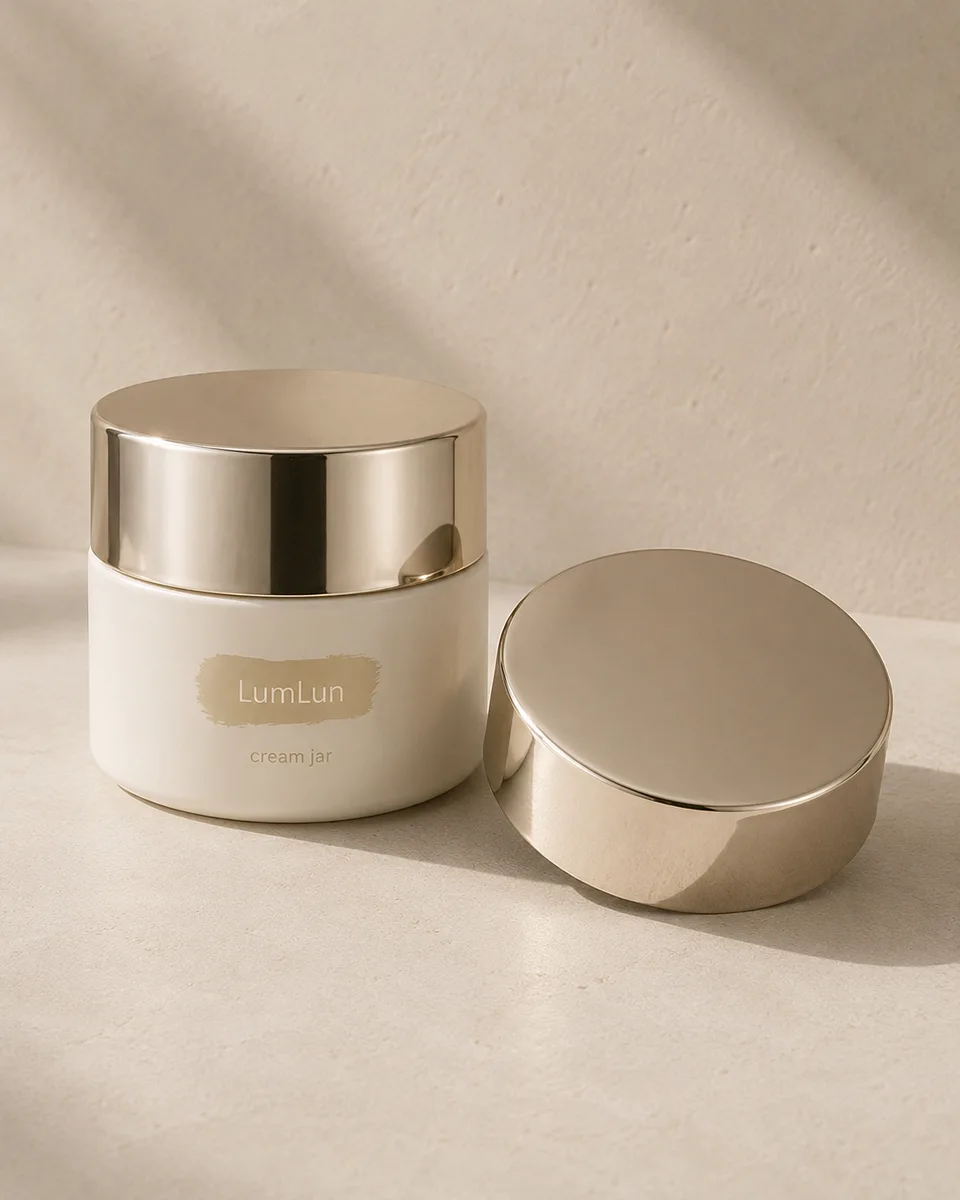 Champagne gold metallized finish on a LumLun cosmetic cream jar