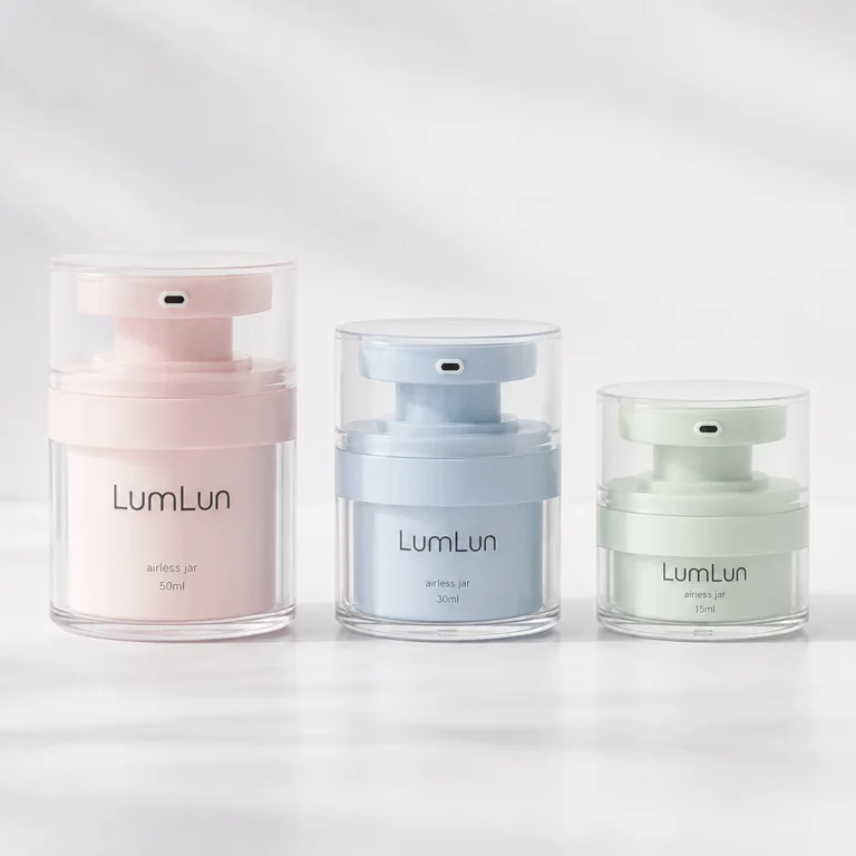 Lumlun clear AS airless cream jar set in 15ml, 30ml, and 50ml pastel colors.