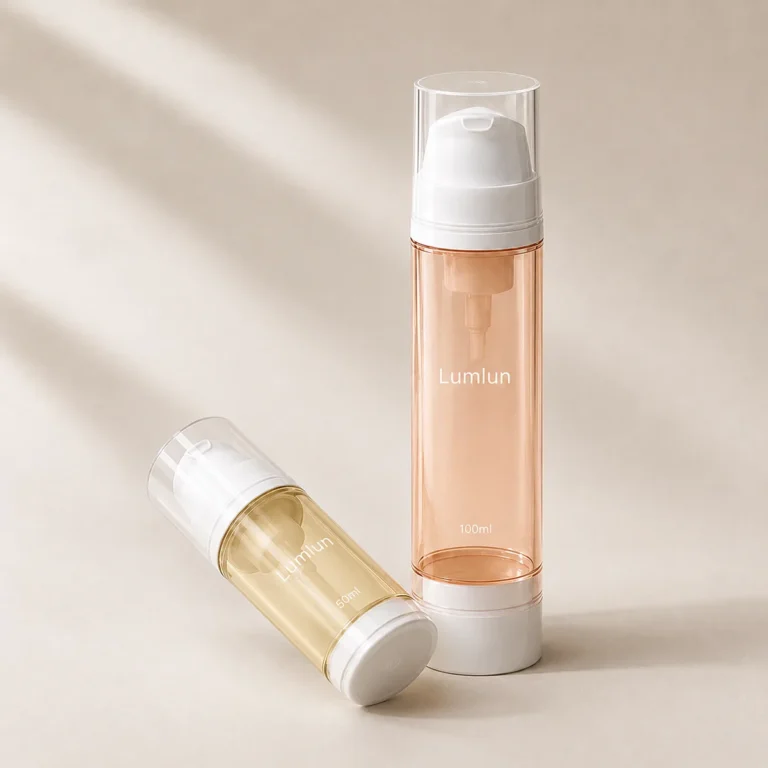 Clear-body PP airless foaming pump bottles in yellow 50ml and orange 100ml with white pumps and clear caps
