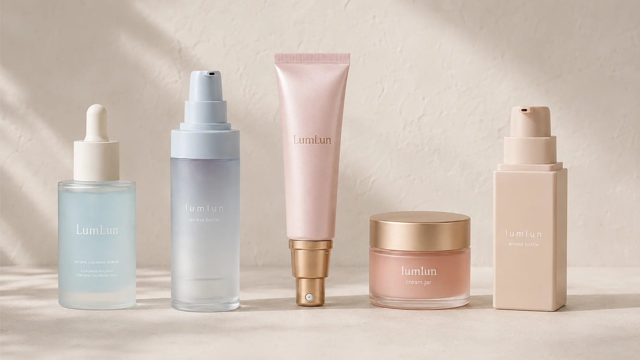 Coordinated Lumlun skincare packaging line with serum bottle, airless bottle, cosmetic tube, cream jar, and square pump bottle