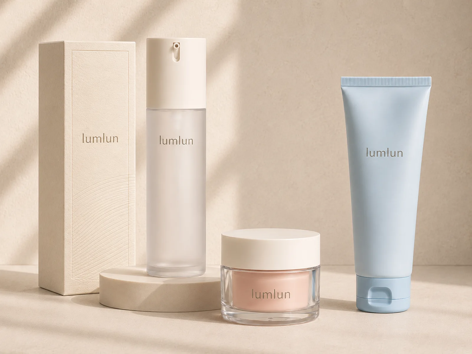 Coordinated LumLun skincare packaging system with a frosted pump bottle, cream jar, cosmetic tube, and paper box